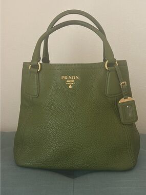Prada Olive Green Pebbled Leather Satchel with Gold Hardware
